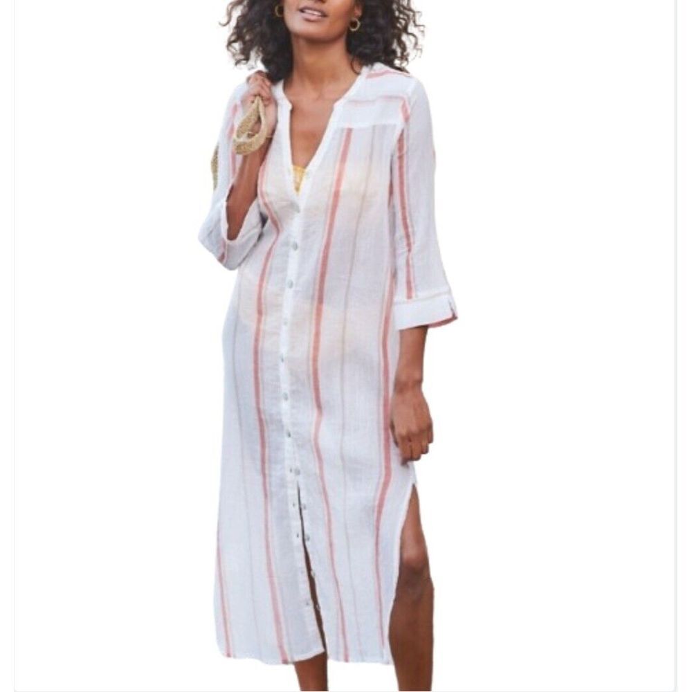 Garnet Hill White Maxi Shirt Xocer Up with Peach Stripes